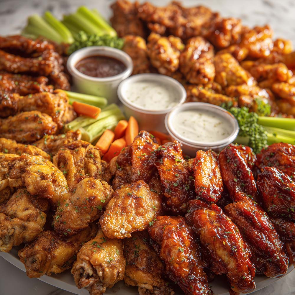 One hundred jumbo chicken wings with eight different signature flavors, ranch dipping sauce, and fresh vegetables for large events