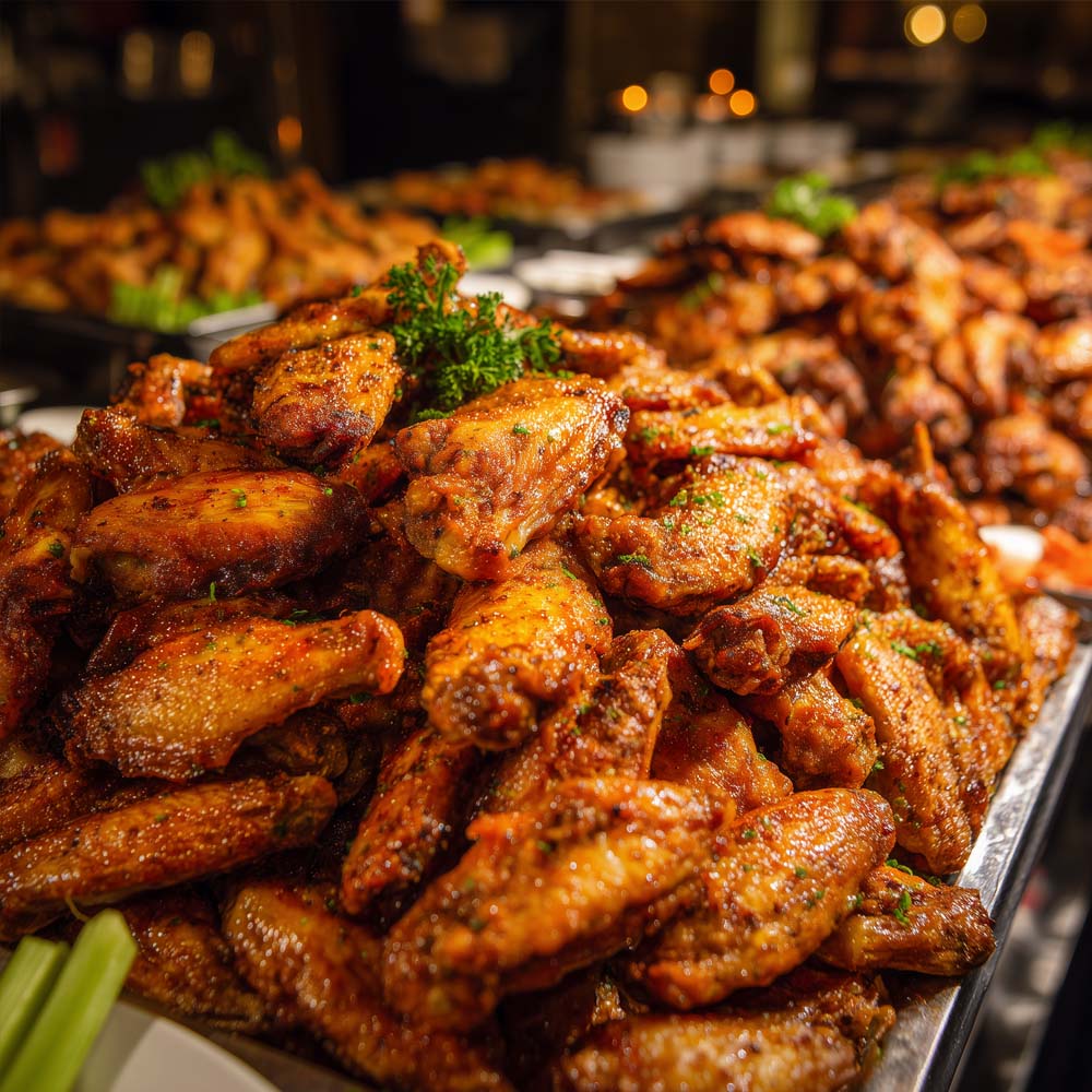 One hundred fifty jumbo chicken wings with eight different signature flavors, ranch dipping sauce, and fresh vegetables for festival-scale events