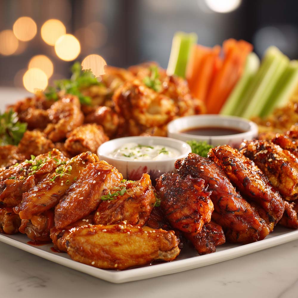 Fifty jumbo chicken wings with eight different signature flavors, ranch dipping sauce, and fresh vegetables