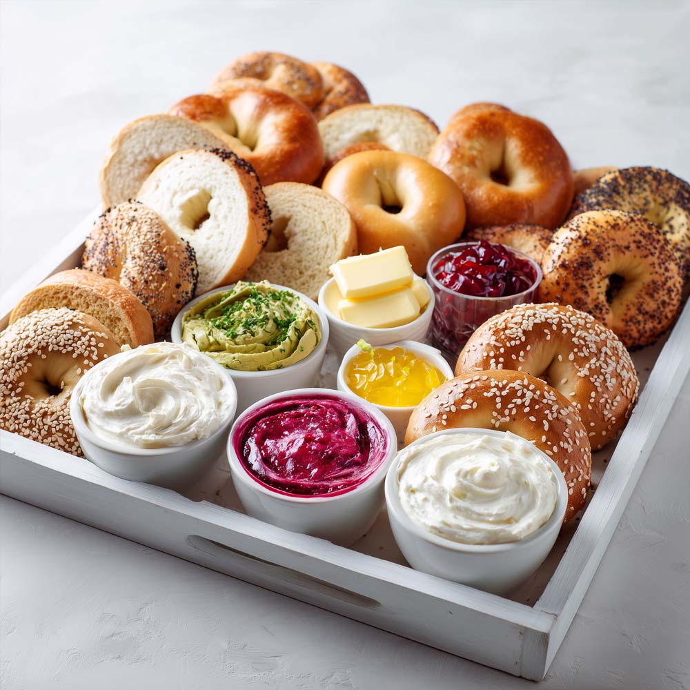 Assorted sliced bagels with plain, veggie, and wild berry cream cheese, butter, and jellies on serving tray