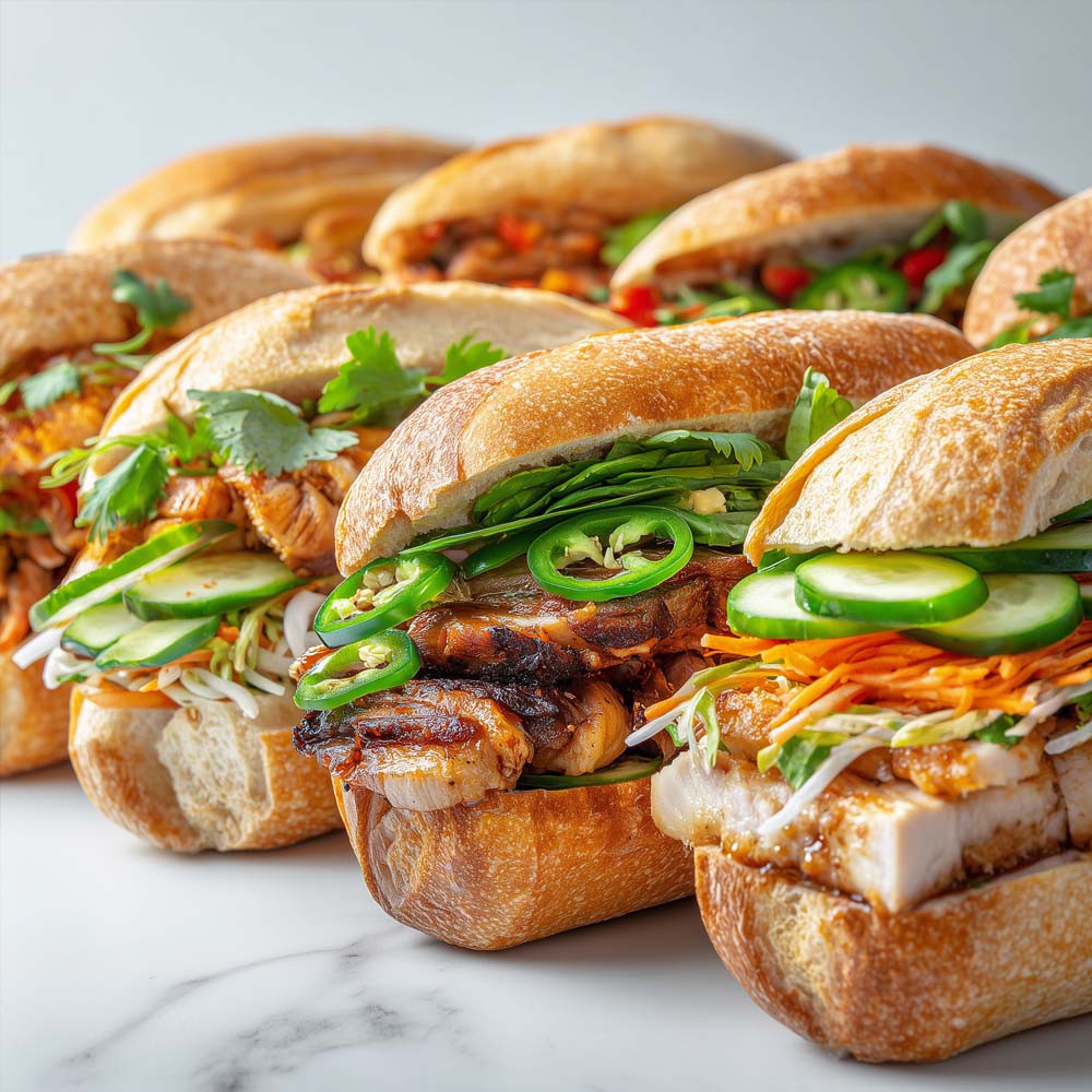 Assorted banh mi sandwiches with five protein options, fresh cucumbers, daikon slaw, and jalapeños on Vietnamese bread