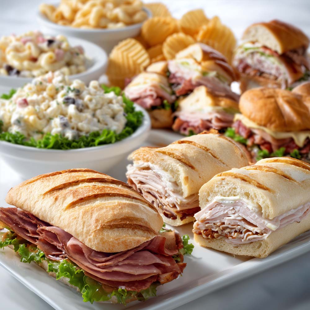 Assorted cold deli combo with five sandwich varieties, fresh baked cookies, chips, and macaroni salad