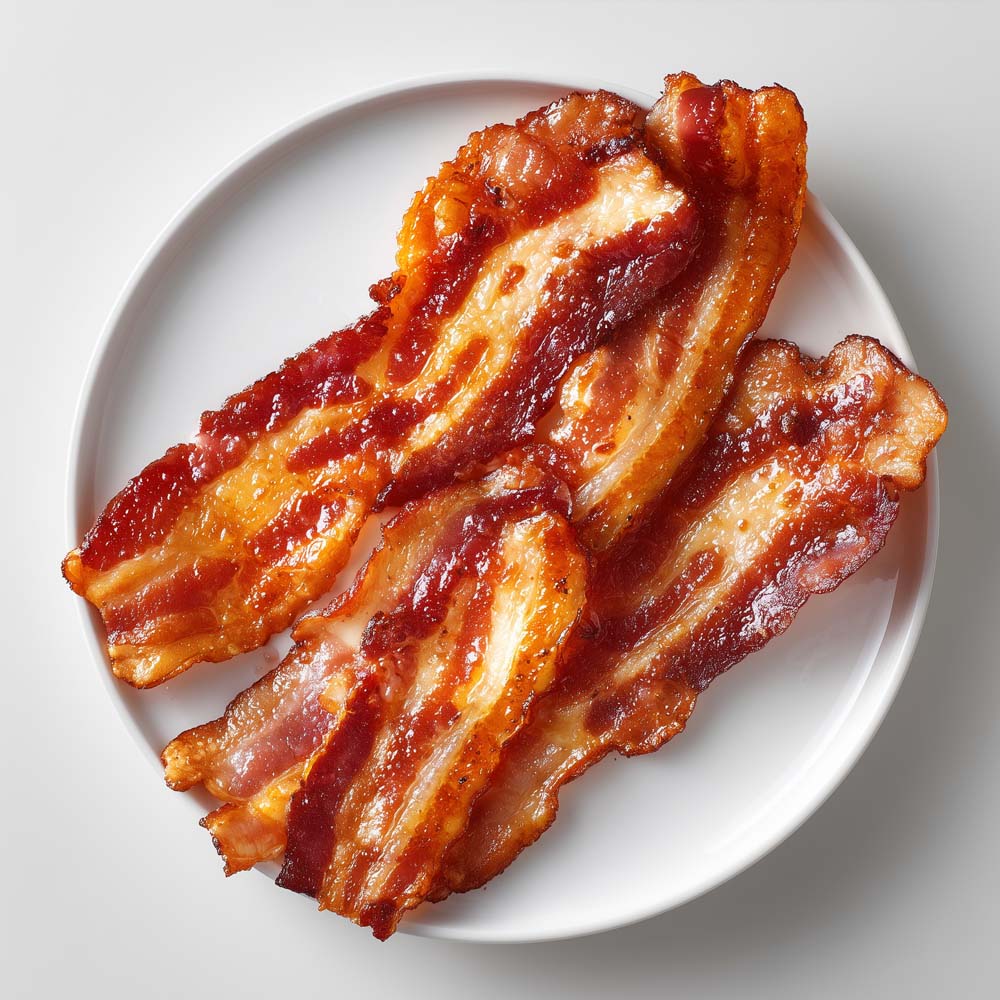 Premium bacon strips with choice of turkey or pork, cooked to perfect crispiness on white plate