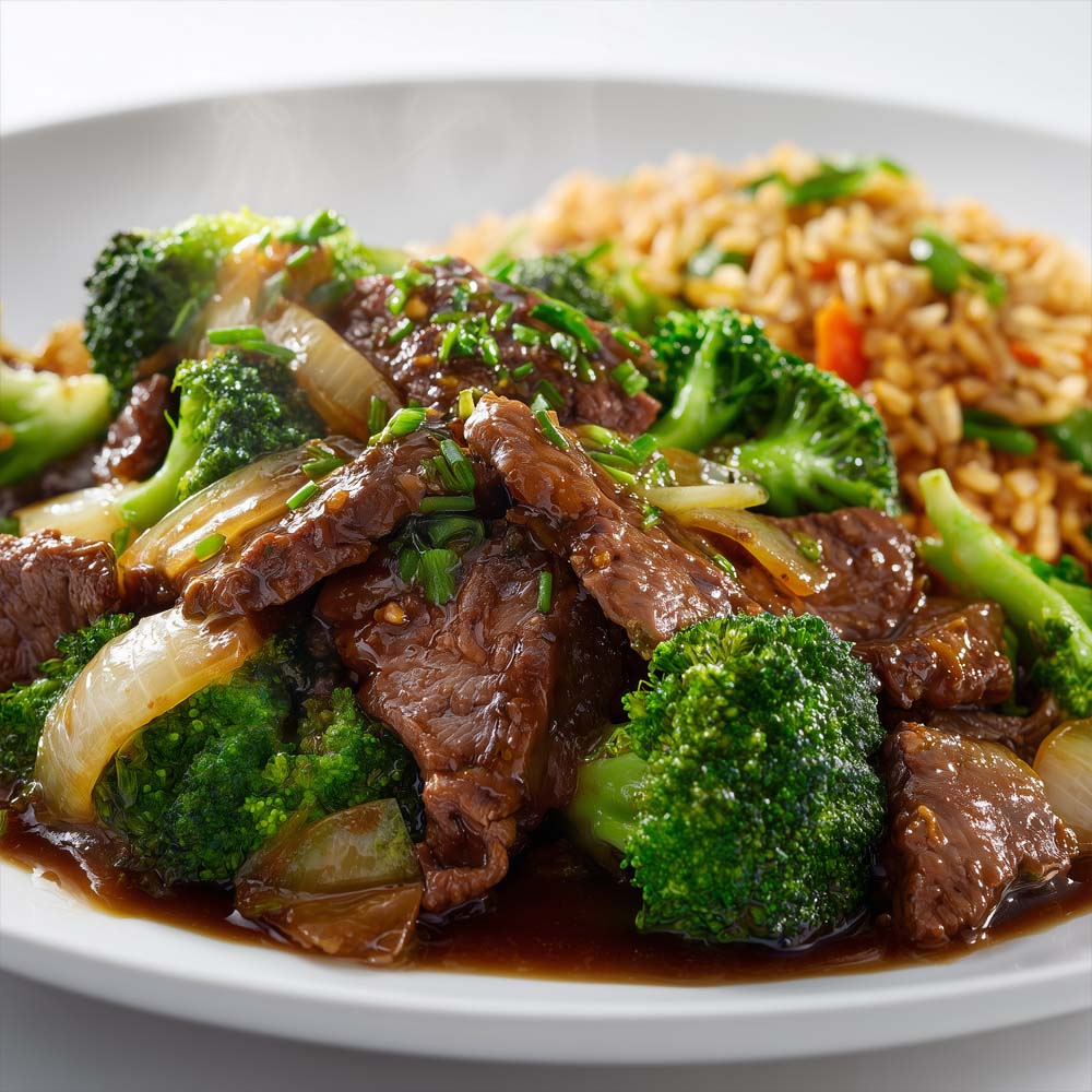 Beef broccoli stir-fry with brown gravy served with vegetable fried rice on dinner plate