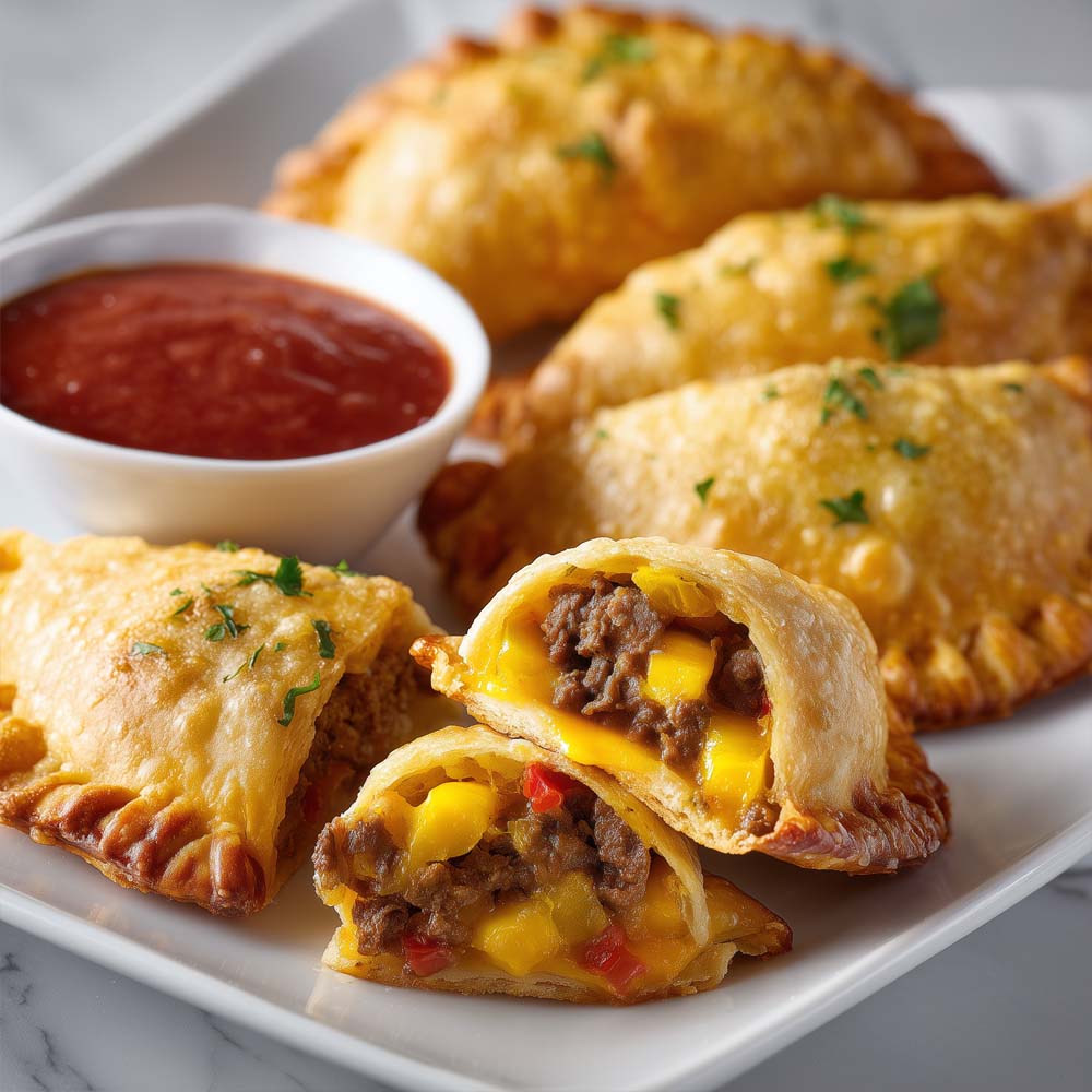 Beef empanadas with golden flaky dough, beef and cheese filling, served with chipotle red dipping sauce