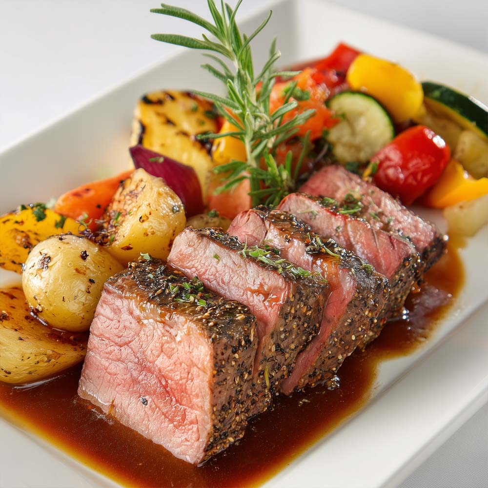 Premium roasted beef tenderloin sliced with herbed au jus, roasted herbed potatoes, and vegetable medley on elegant dinner plate