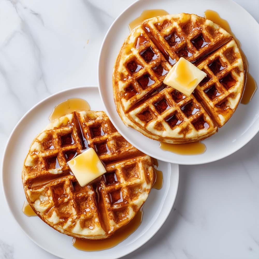 Authentic Belgium waffles with deep grid pattern, served with butter and syrup on white plate