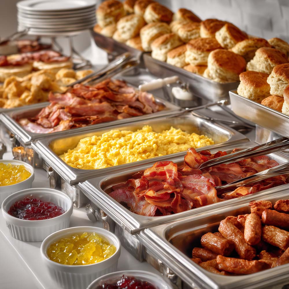 Big breakfast bar buffet with scrambled eggs, bacon, sausage, breakfast potatoes, and biscuits with accompaniments