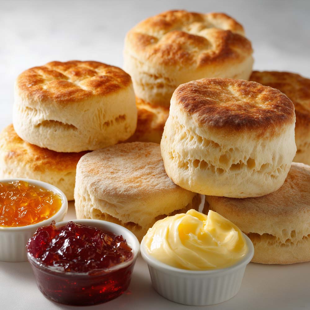 Choice of fluffy biscuits or English muffins served with butter and jellies on serving tray