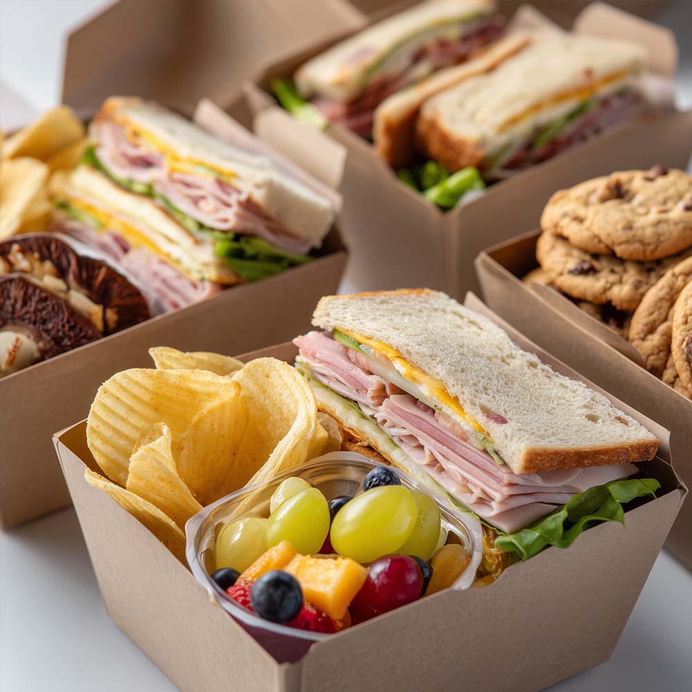 Boxed deli lunch with assorted sandwiches, fruit cup, cookie, and bagged chips in individual takeaway boxes