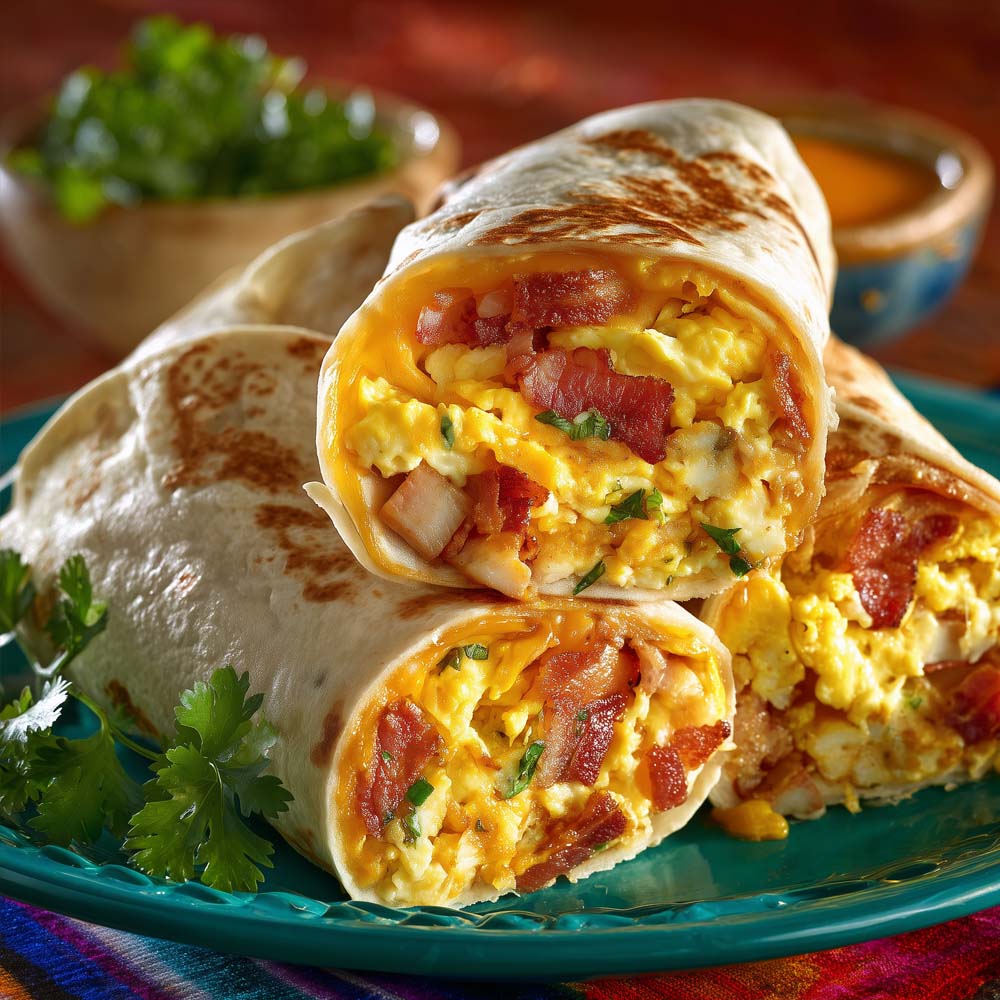 Breakfast burritos with scrambled eggs, bacon or sausage, and melted cheese wrapped in flour tortilla