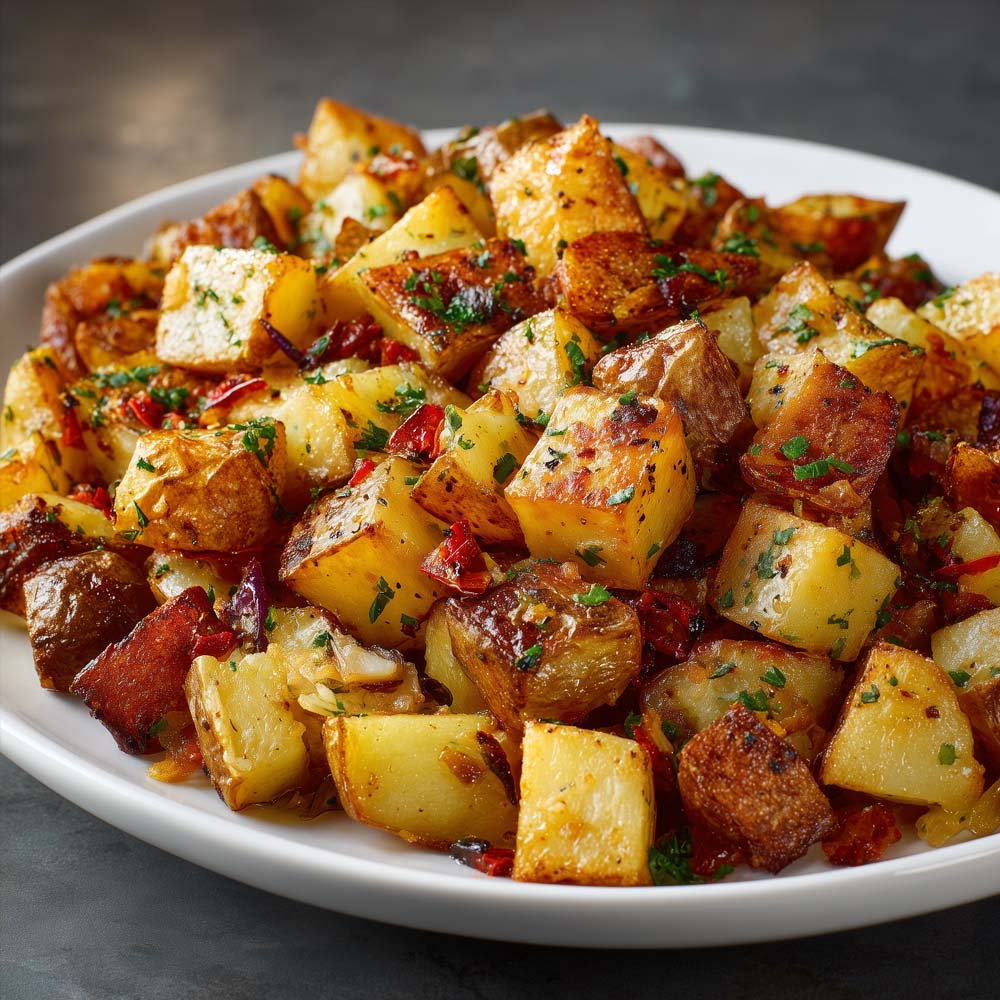 Breakfast potatoes with golden-brown crispy exterior and seasoned cubed-cut preparation on white plate