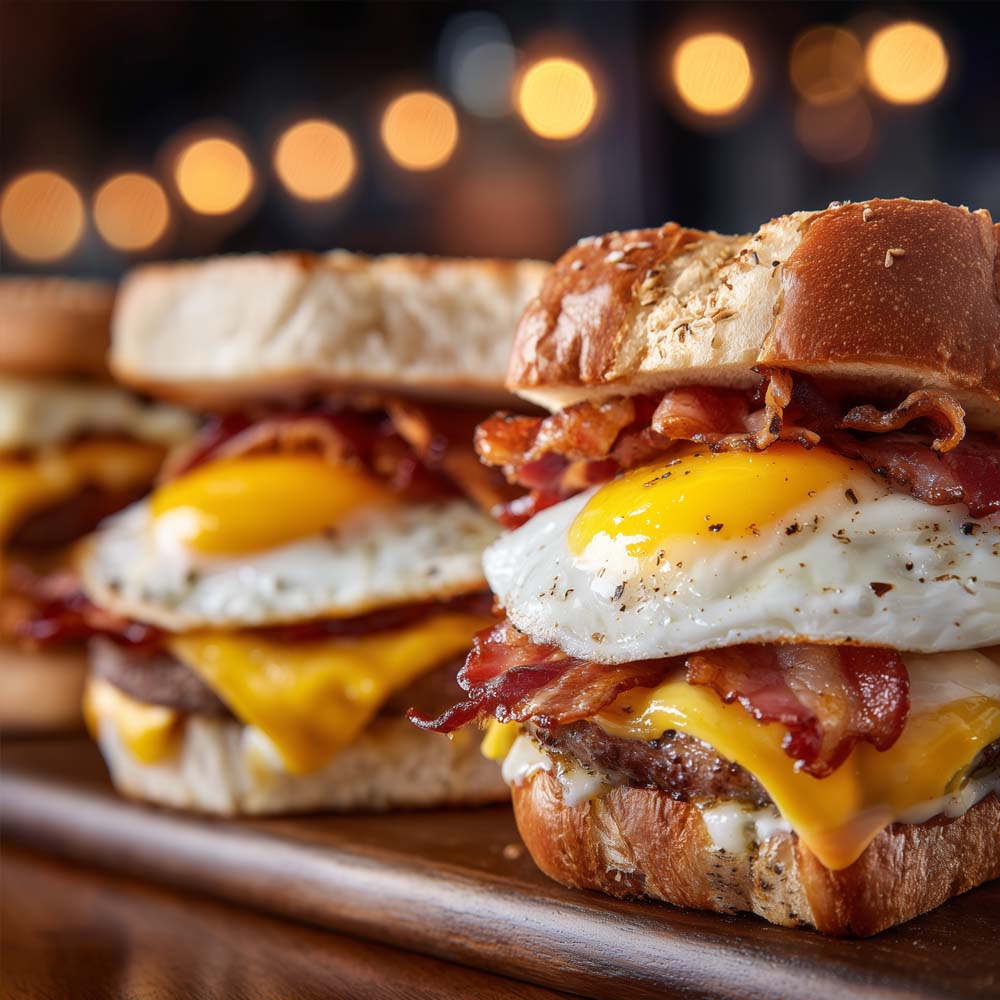 Classic breakfast sandwiches with fried egg, American cheese, and choice of bacon or sausage on various breads