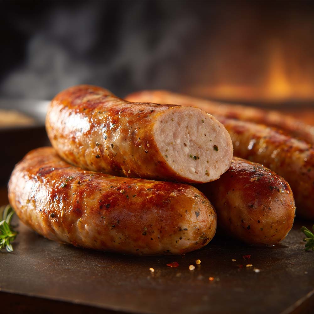 Premium breakfast sausage with choice of turkey or pork, perfectly cooked with hearty texture on white plate