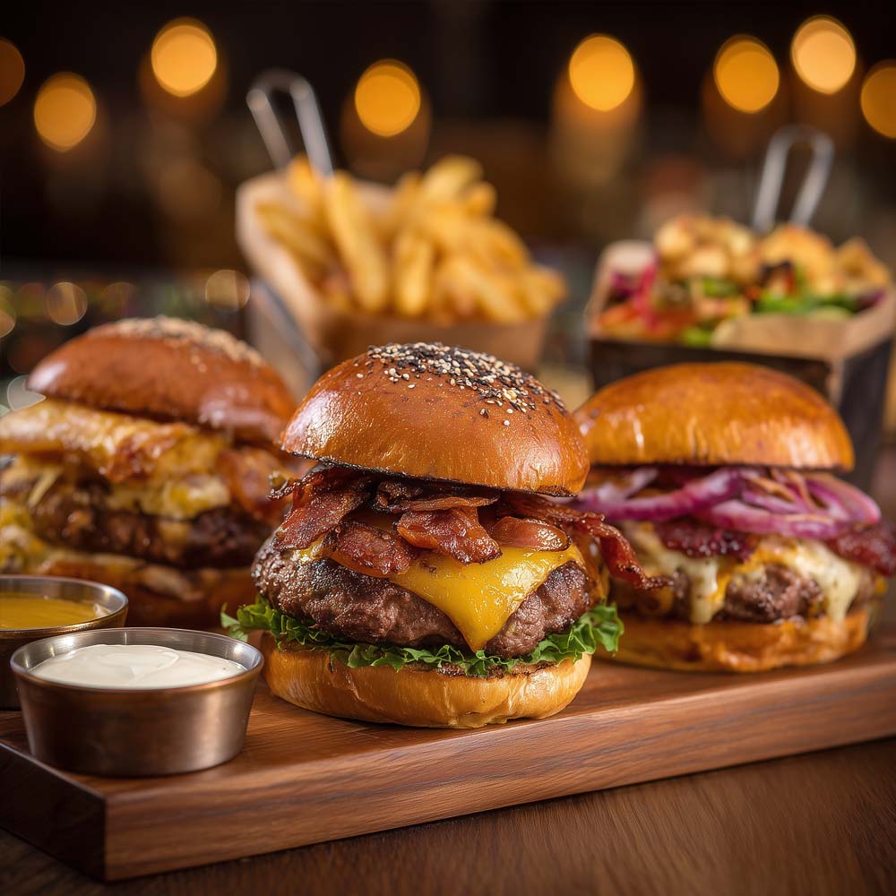 Build your own burger station with all-beef patties, assorted toppings, bacon, brioche buns, and choice of fries or chips