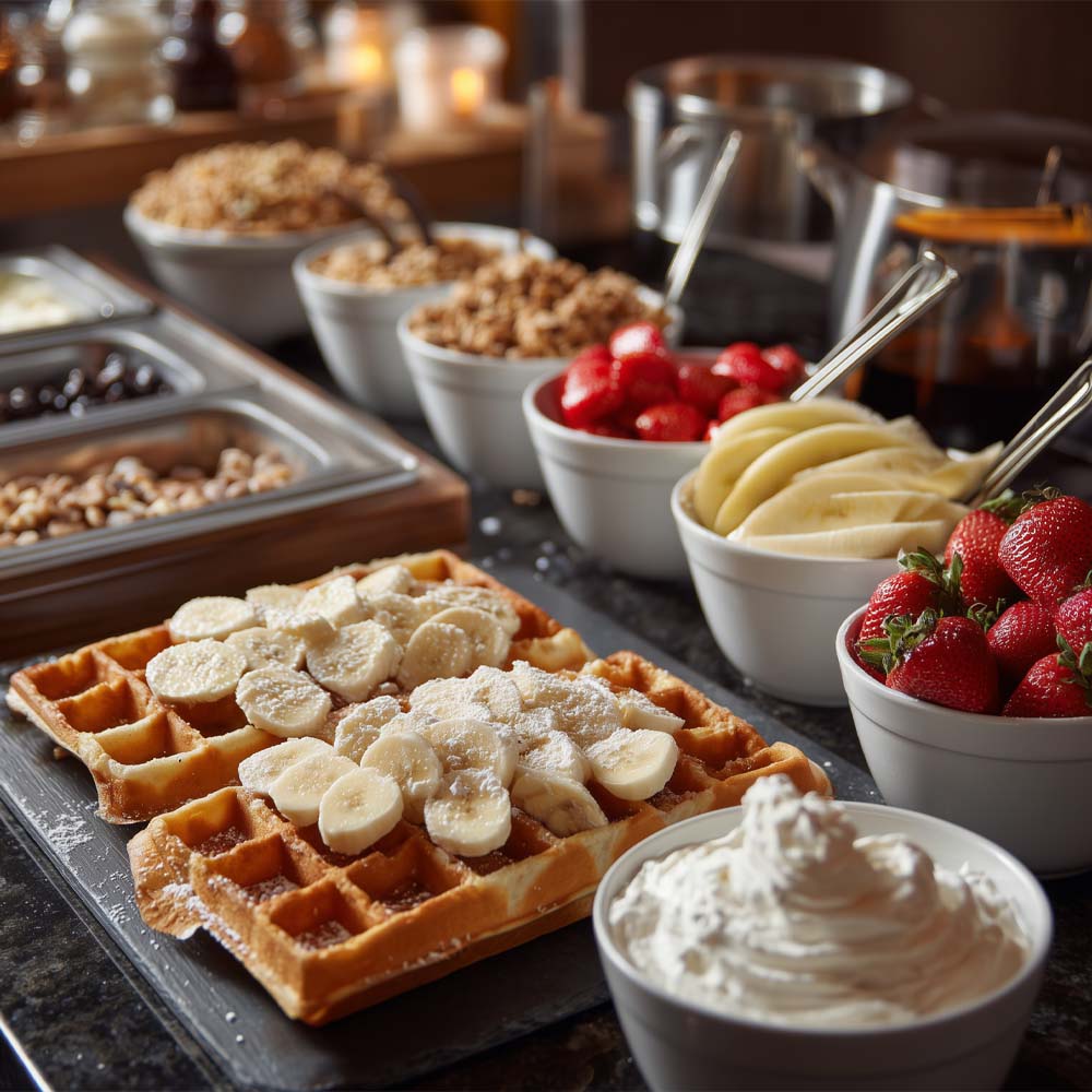 Build your own waffle bar with Belgium waffles and premium toppings including bananas, strawberries, whipped cream, and chocolate chips