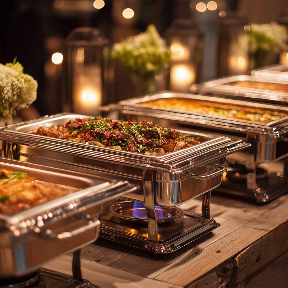 Professional chafing dishes with sterno fuel for keeping food hot during buffet service