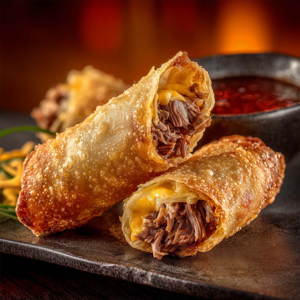 Cheese steak rolls with crispy spring roll wrappers, shaved ribeye beef and American cheese filling, served with chipotle red dipping sauce