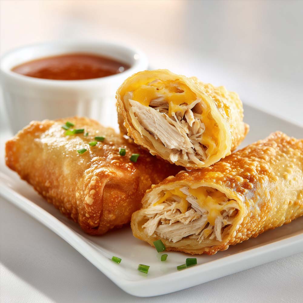 Chicken cheese steak rolls with crispy spring roll wrappers, shaved chicken breast and American cheese filling, served with chipotle red dipping sauce