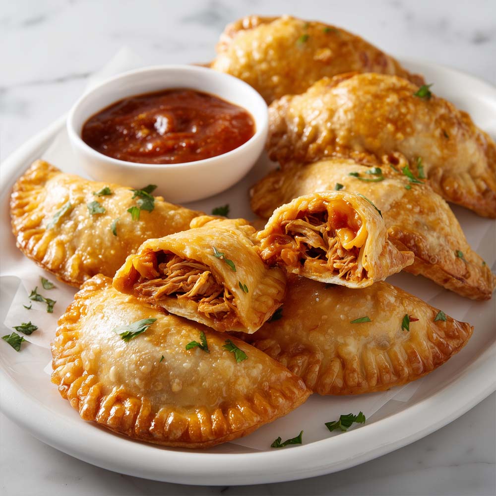 Chicken tinga empanadas with golden flaky dough, slow-cooked chicken and cheese filling, served with chipotle red dipping sauce