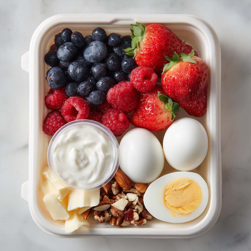 Chilled breakfast box with yogurt, fresh berries, hard-boiled eggs, and cheese nut mix in individual container