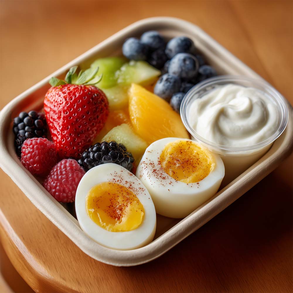 Chilled breakfast box with two hard-boiled eggs, fresh fruit cup, and yogurt in individual container