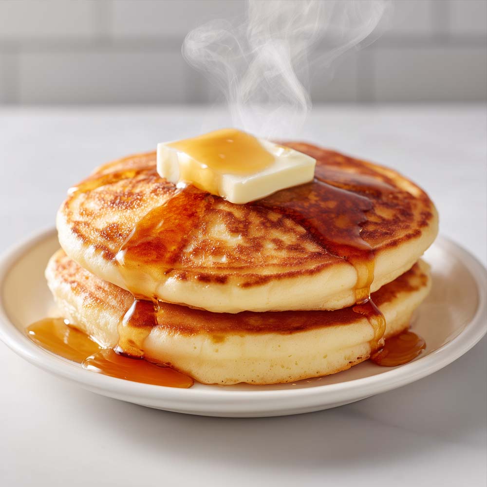 Classic fluffy pancakes with golden-brown color, butter, and syrup on white plate