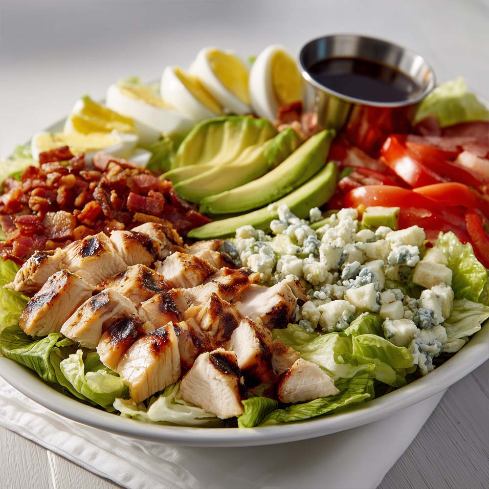 Classic Cobb salad with grilled chicken, romaine lettuce, bacon, egg, blue cheese, avocado, and balsamic dressing