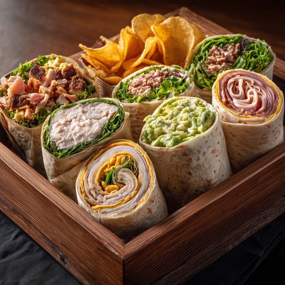 Cold assorted wraps tray with six wrap varieties in tortilla wraps, chips, potato salad, and cookie tray