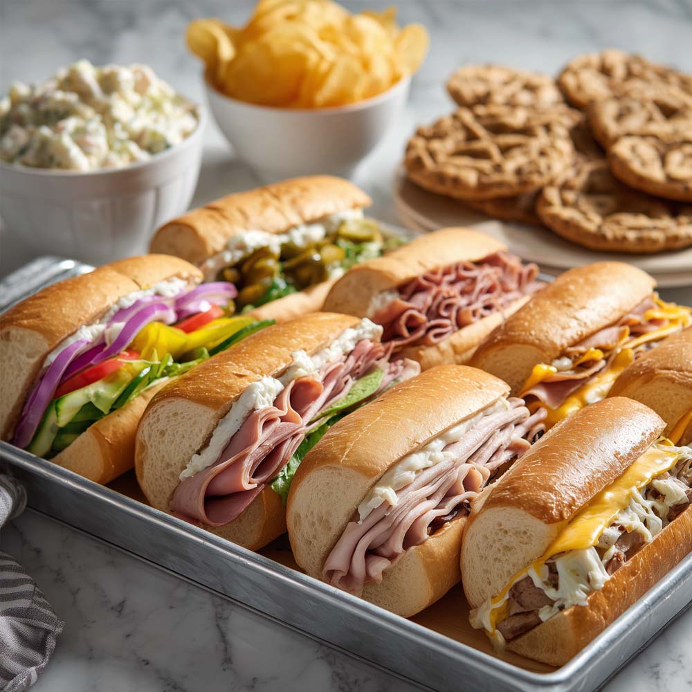 Cold hoagie tray combo with five authentic hoagies on traditional rolls, chips, potato salad, and cookie tray