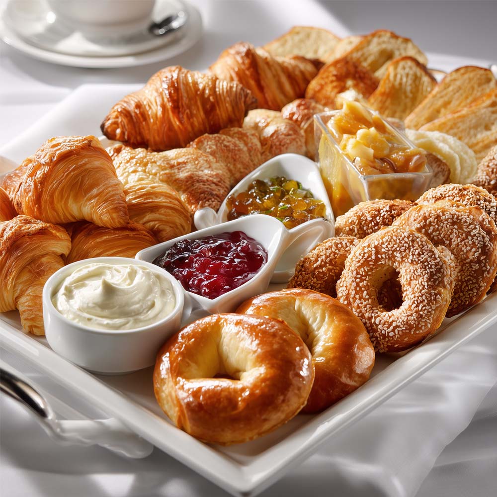 Continental breakfast tray with assorted Danish pastries, croissants, bagels, cream cheese, butter, and jellies