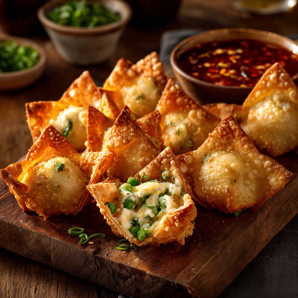 Crab rangoon with crispy golden wonton wrappers, crabmeat cream cheese and green pea filling, served with sweet chili dipping sauce