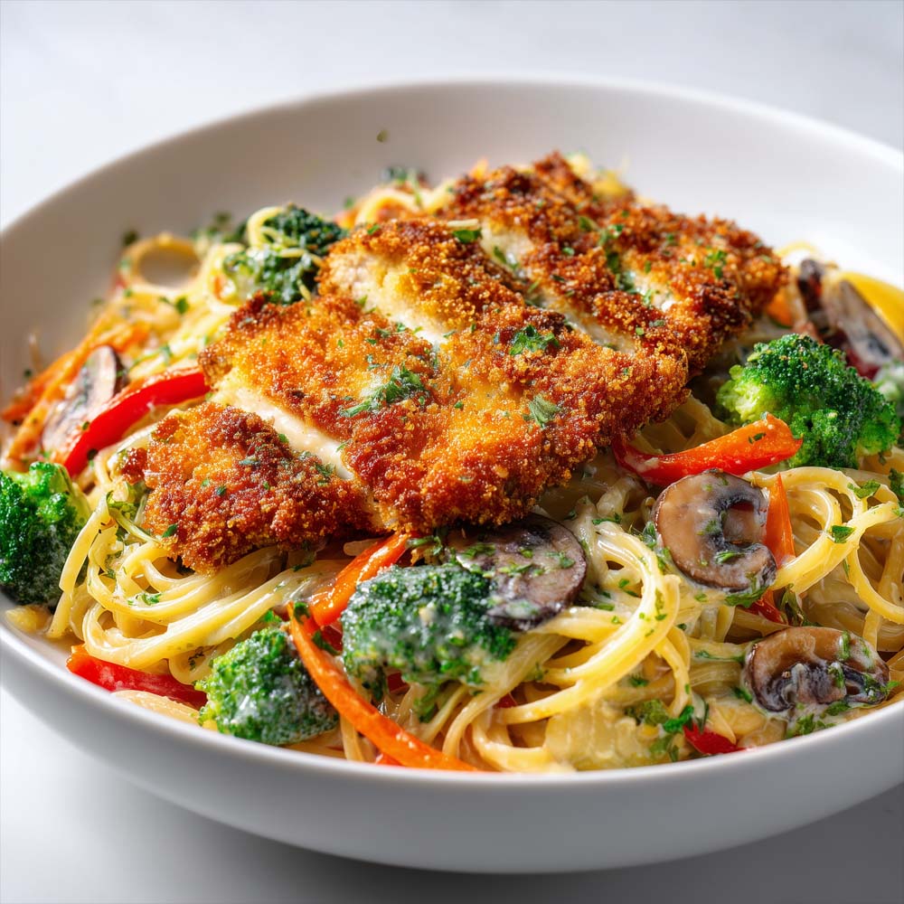 Crispy chicken pasta primavera with panko-breaded chicken, fresh vegetables, and creamy Parmesan sauce with toast points