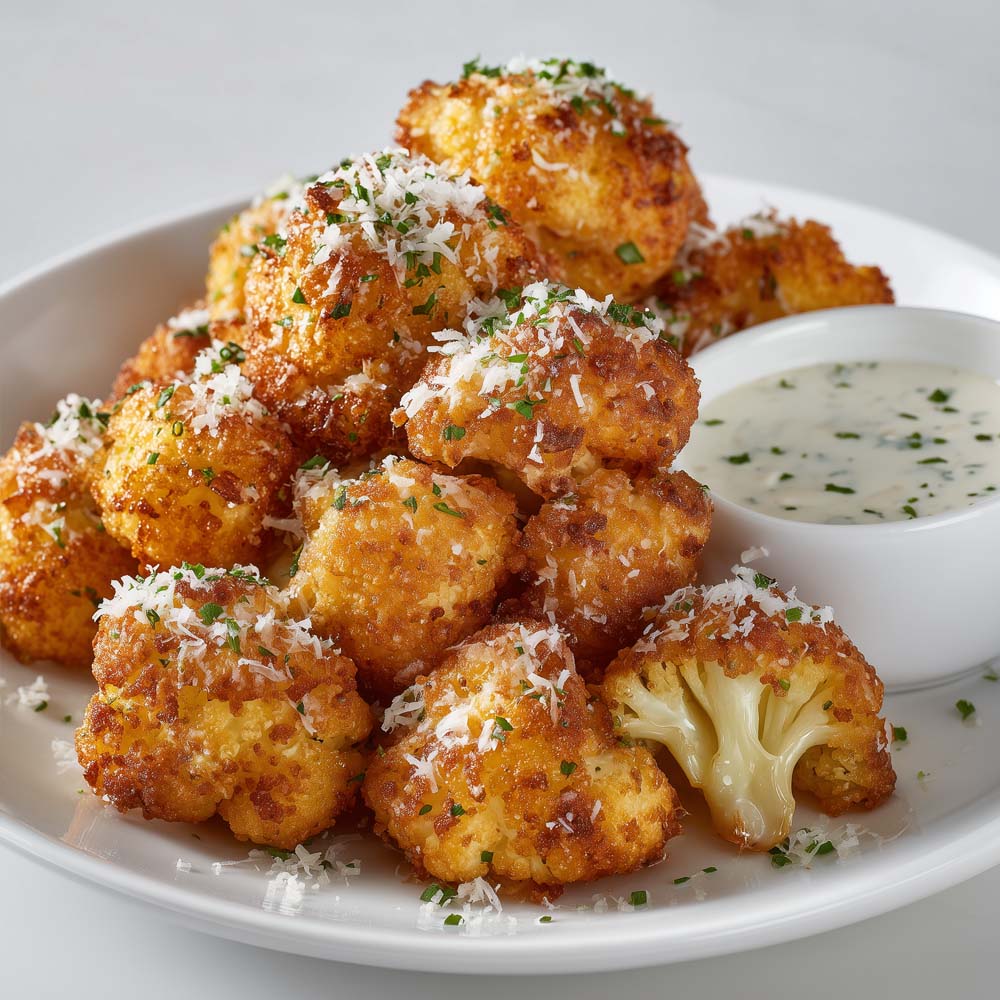 Fried cauliflower with golden crispy rice flour coating, parmesan cheese, and house-made ranch sauce