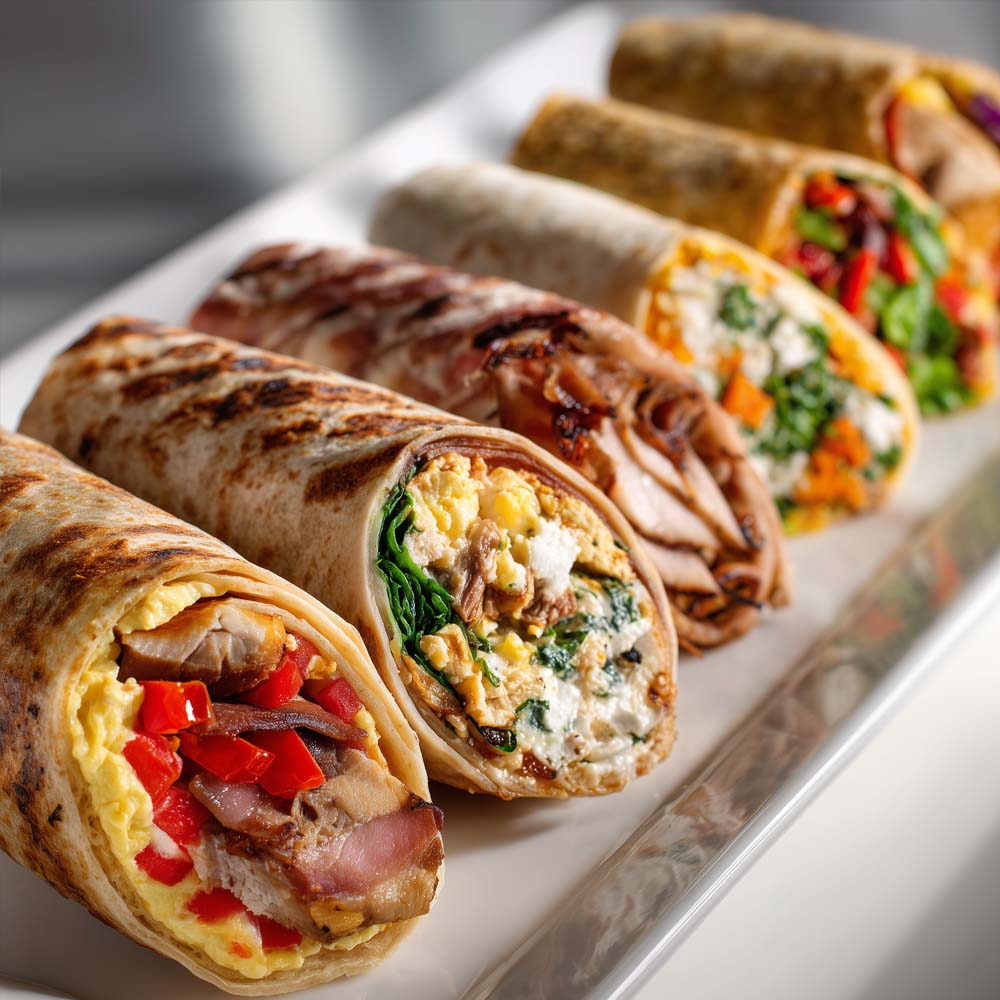 Gourmet breakfast wraps featuring six international varieties with premium ingredients and sophisticated flavors