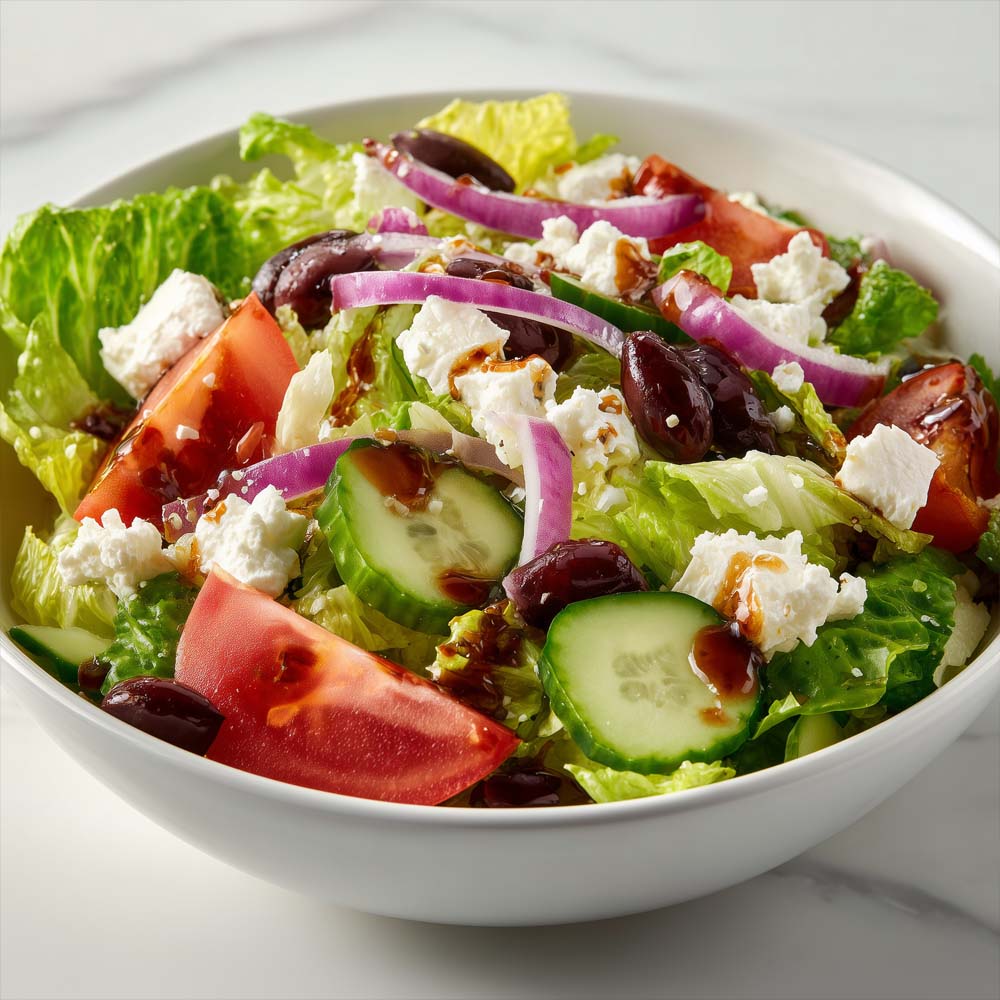 Greek salad with romaine lettuce, red onion, olives, cucumber, feta cheese, tomatoes, and Greek dressing