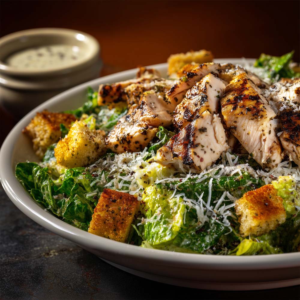 Grilled chicken Caesar salad with diced chicken, romaine lettuce, Parmesan cheese, croutons, and Caesar dressing