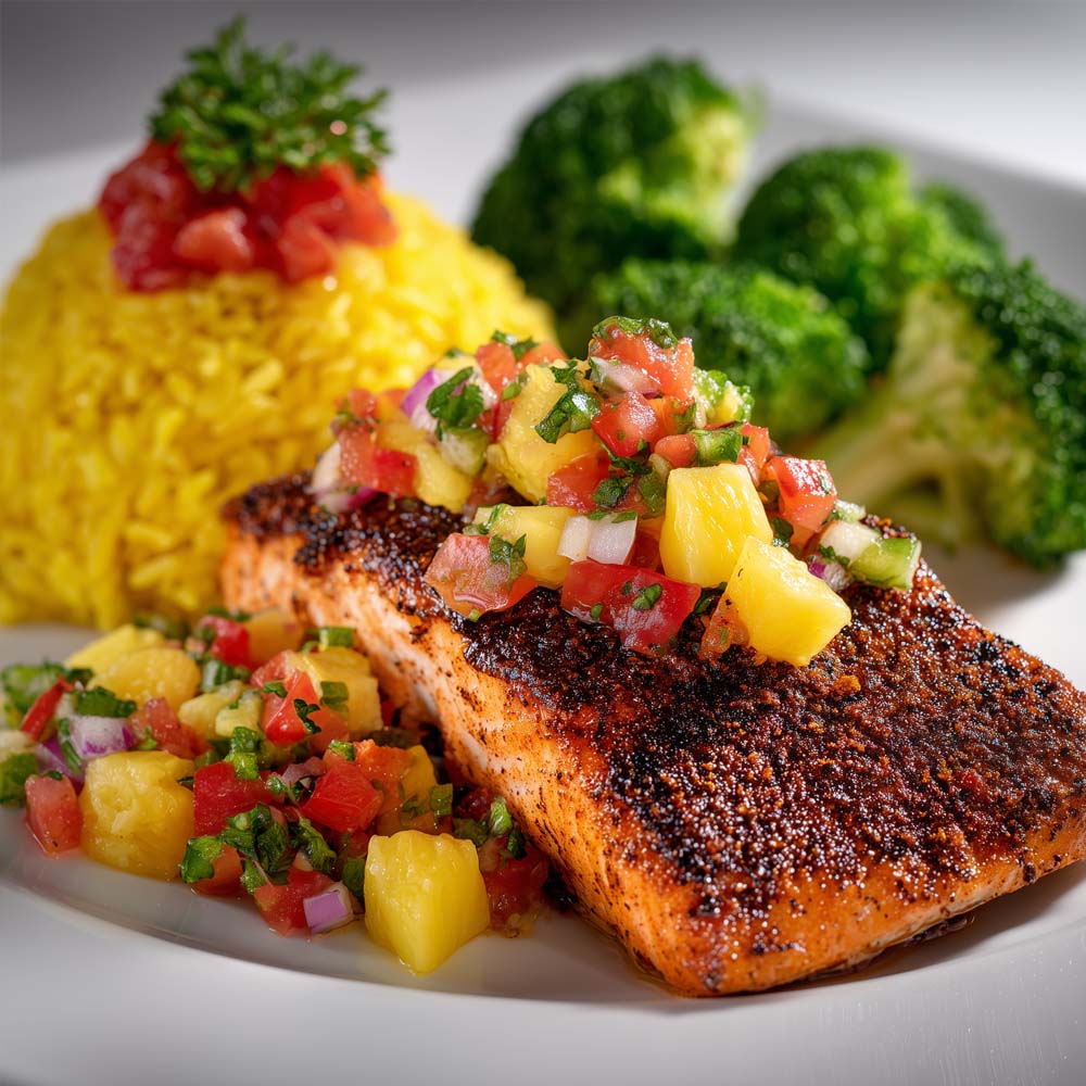 Blackened grilled salmon with pineapple salsa, herbed yellow rice, and steamed broccoli on dinner plate