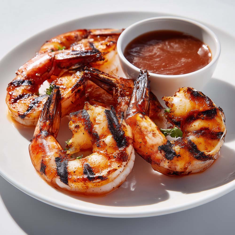 Grilled shrimp cocktail with five large shrimp, grill marks, and house-made cocktail sauce