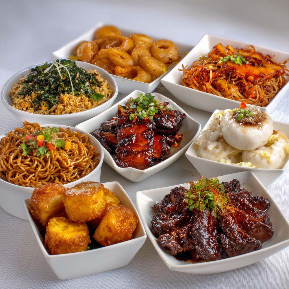 Complete Hawaiian luau feast with eight authentic dishes including Huli Huli chicken, lomi salmon, haupia, and malasadas