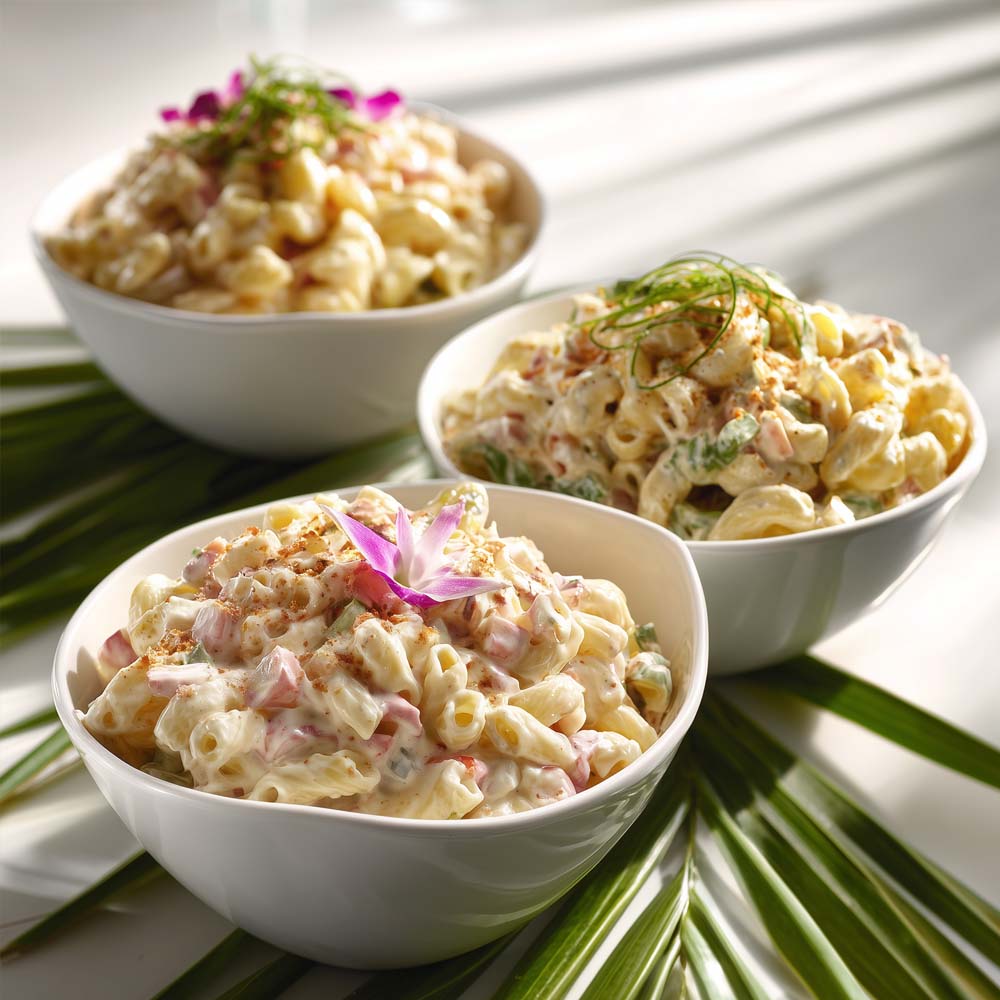 Hawaiian macaroni salad in serving bowls for group dining, authentic island-style preparation for 15-30 people