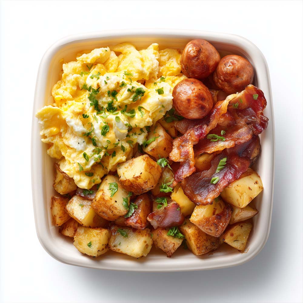Hot breakfast box with scrambled eggs, home fries, and breakfast meat in individual container