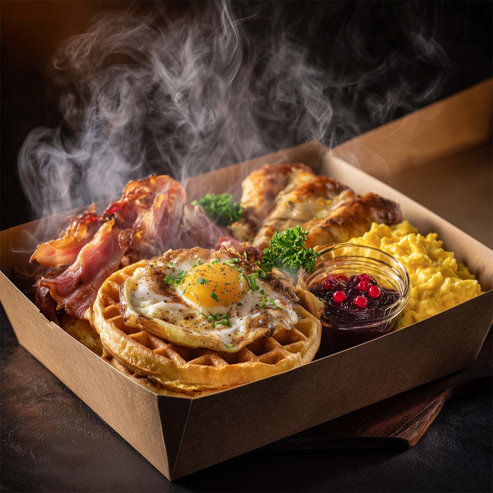 Hot breakfast box with pancakes or waffle, scrambled eggs, and breakfast meat in individual container