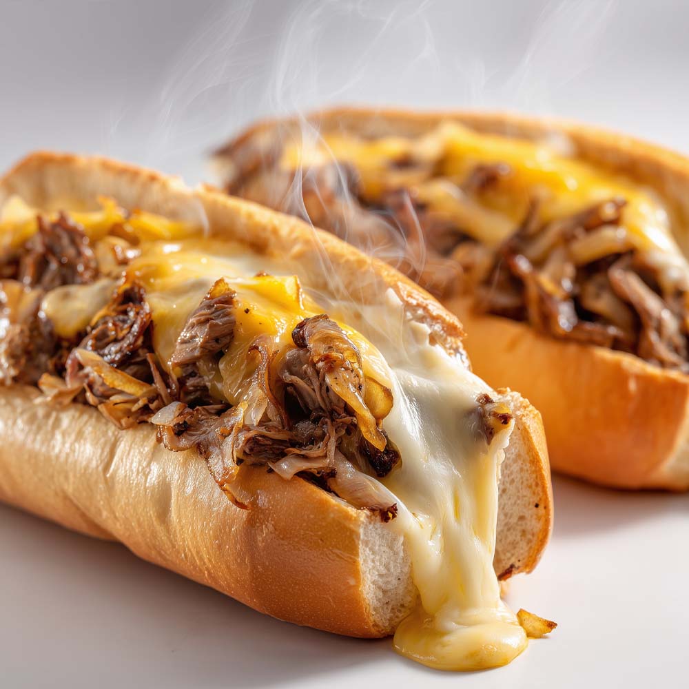 Hot cheese steaks with melted American cheese, sautéed onions, choice of chicken or beef on steak rolls with house chips