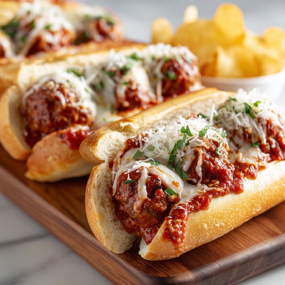 Hot meatball subs with beef meatballs in marinara sauce, melted cheese, and Parmesan on fresh sub rolls with house chips