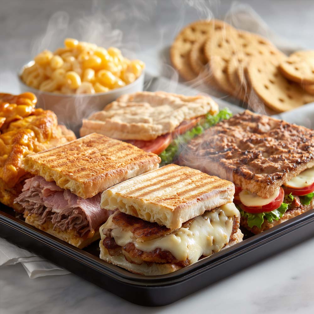 Hot sandwich tray with cheese steak, chicken cutlet, roast pork with gravy, and eggplant parmesan, served with sides