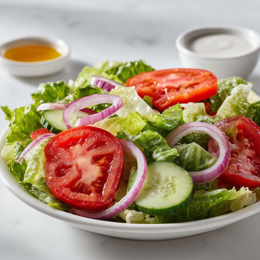 House salad with fresh lettuce, tomatoes, cucumbers, red onions, and choice of dressing on the side