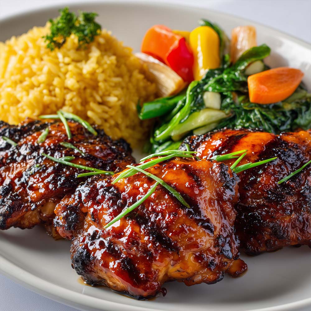 Huli Huli chicken with ginger soy marinated thighs, garlic fried rice, and steamed vegetables on plate