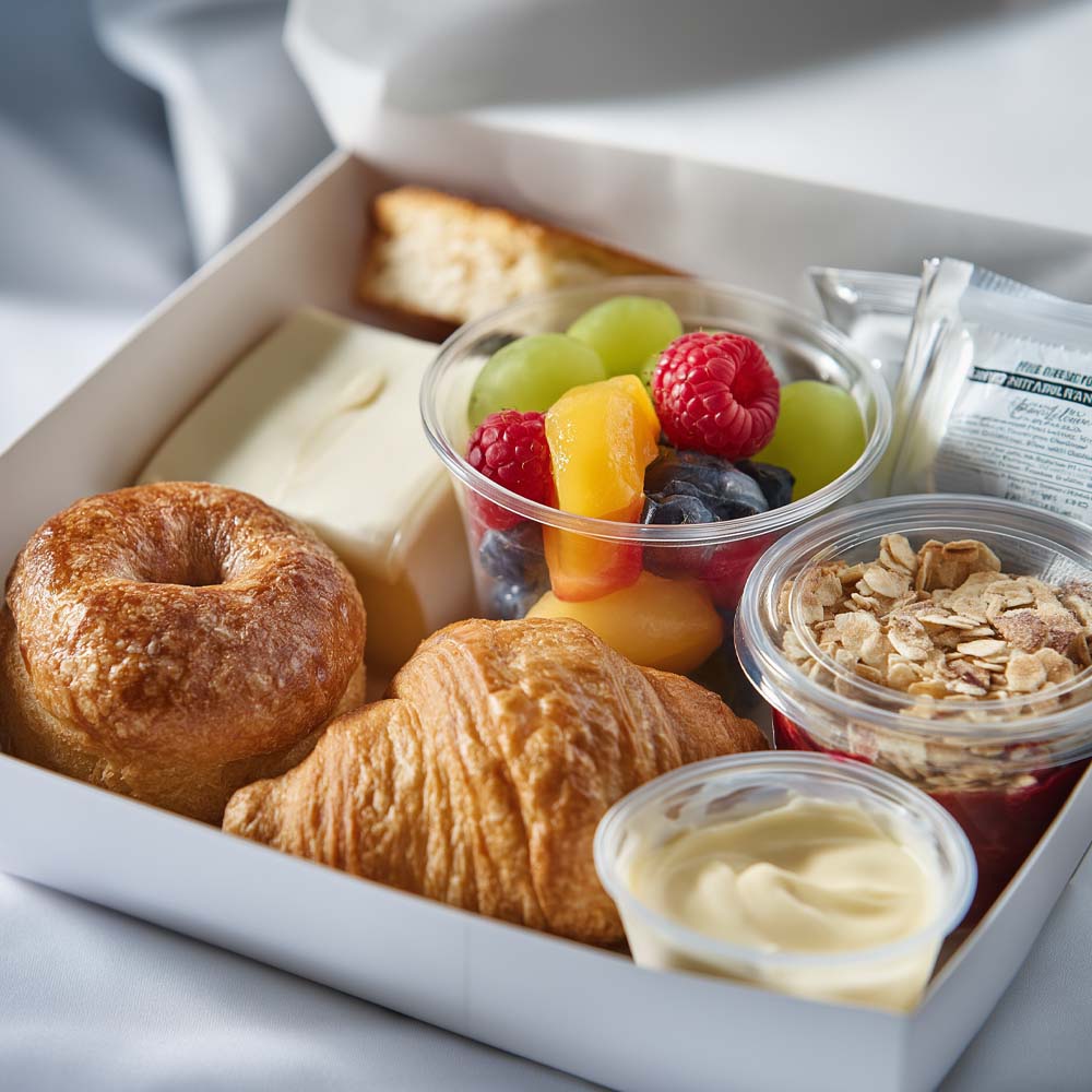 Individual boxed breakfast with bakery choice, fresh fruit cup, granola bar, and accompaniments in single-serving container