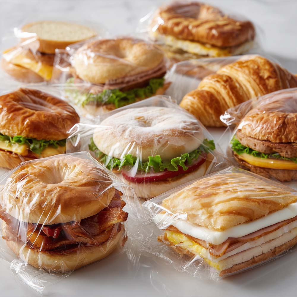 Individually wrapped breakfast sandwiches with variety of breads and protein choices in clear wrapping